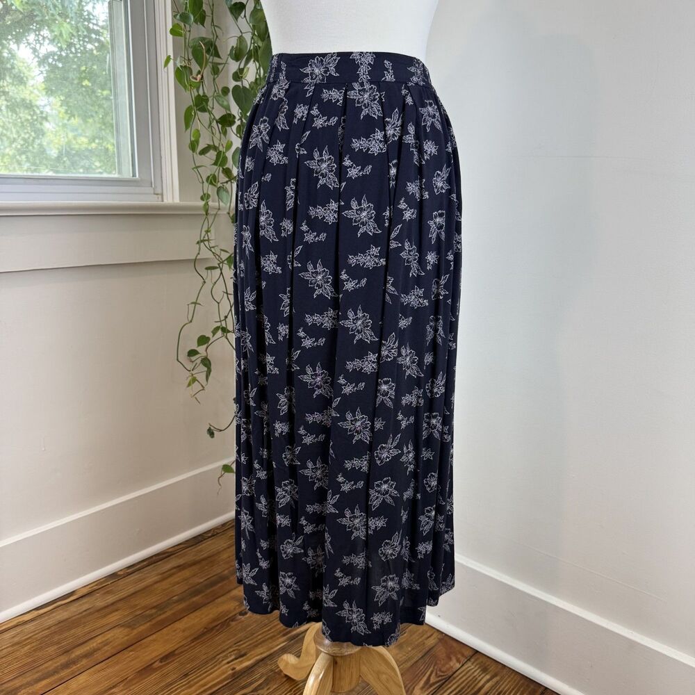 Vintage 90s Rayon Pleated Floral Midi Maxi Skirt | Navy White